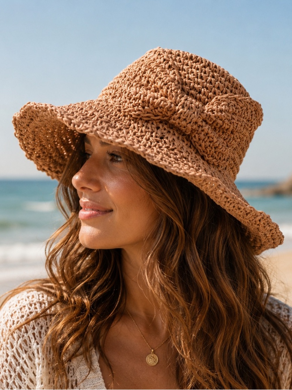 Crochet Bucket Sun Hat in Tan — Beach-Ready Raffia Style